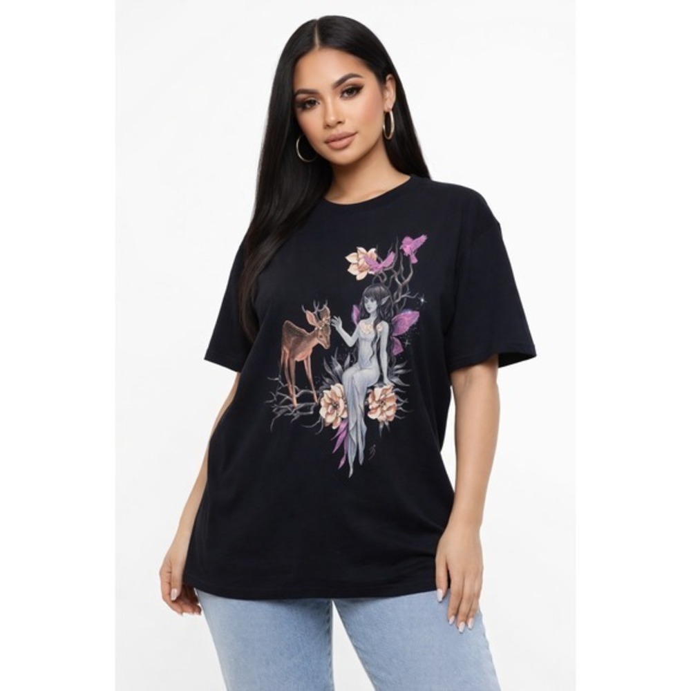 Hot Topic Fairies by‎ Trick 4Tricks Deer Black Plus Size Tee Size 2 NWT